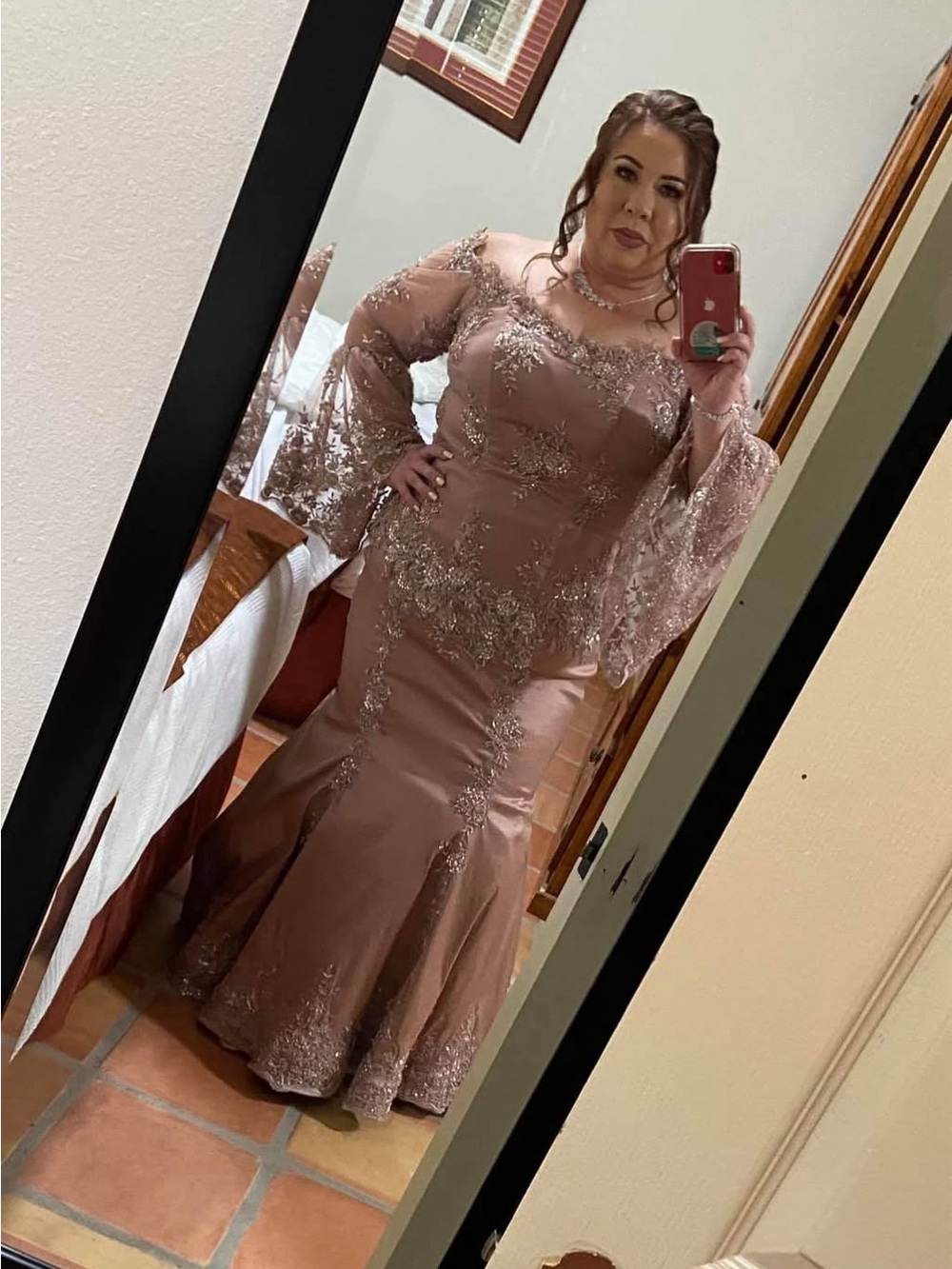 Elegant Blush Handmade Lace Appliqué Evening Gown for Women